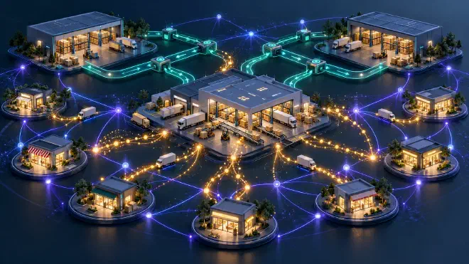 A dark-blue retail network in which two warehouses, several stores, and a central fulfillment node are connected by teal guarded paths, amber probability flows, and violet graph relationships.