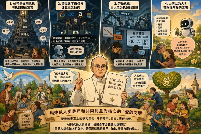 一幅象征性图像，描绘了一个坚定而光芒四射的人形，头部带有淡淡的光环，置身于由复杂、高耸的数字电路和数据流构成的背景中，这些电路和数据流隐约描绘了现代的、未完成的巴别塔。这种对比突出了在人工智能和数字力量的巨大规模下，人类尊严的重要性，同时传达出警示与希望的意味。