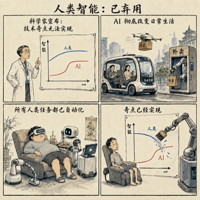 基于 MonkeyUser《Deprecated》改编的中文漫画：AI 改变日常生活并自动化人类任务后，人类能力不断退化，最终以另一种方式抵达“奇点”